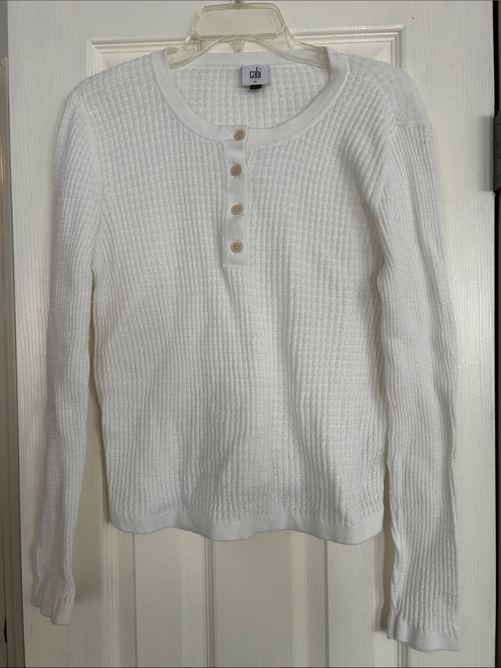 CAbi White Ribbed Button-Front Henley Long Sleeve Top